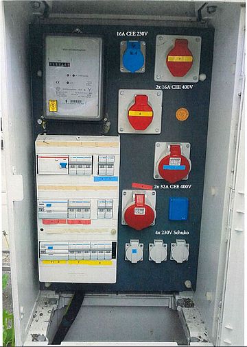 Geöffneter Baustrom- bzw. Energieverteilerschrank mit integriertem Stromzähler, Sicherungs- und Fehlerstromschutzschaltern sowie mehreren Industrie- und Haushaltssteckdosen. Sichtbar sind eine blaue 16-Ampere-CEE-Steckdose für 230 Volt, zwei rote 16-Ampere-CEE-Steckdosen für 400 Volt, zwei rote 32-Ampere-CEE-Steckdosen für 400 Volt sowie vier 230-Volt-Schutzkontaktsteckdosen. Die Anschlüsse sind beschriftet und übersichtlich in einem wettergeschützten Schrank angeordnet.