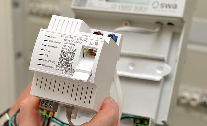 Eine Hand hält ein weißes Smart-Grid-Modul mit der Aufschrift ‚Secure Smart Grid Hub‘ und sichtbarem QR-Code. Das Gerät verfügt über mehrere Anschlüsse für WAN, Ethernet und LAN. Im Hintergrund ist ein Stromzähler mit dem Logo der swa Netze montiert. Die Szene zeigt moderne Messtechnik für intelligente Stromnetze. Verlinkung zur Smart Meter Seite.