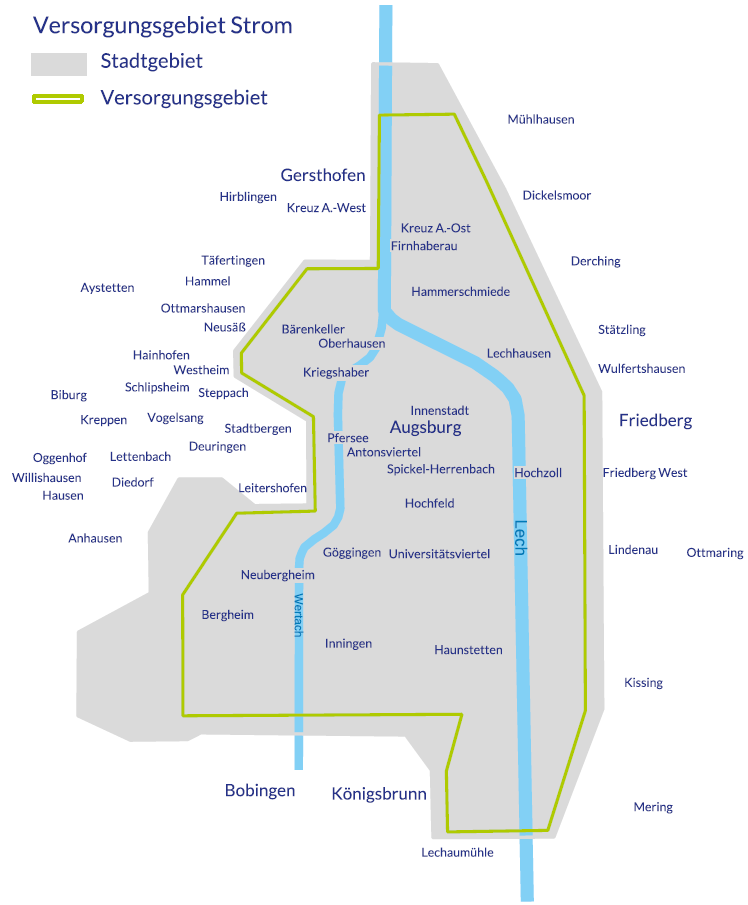 Karte des Stromversorgungsgebiets der swa Netze GmbH in Augsburg und Umgebung. Das Stadtgebiet Augsburg ist in Grau dargestellt, durchzogen vom Fluss Lech in Blau. Das Stromversorgungsgebiet ist mit einer grünen Linie markiert und umfasst große Teile des Stadtgebiets sowie angrenzende Bereiche. Innerhalb des Stadtgebiets sind Stadtteile wie Innenstadt, Göggingen, Haunstetten, Lechhausen und Oberhausen beschriftet. Außerhalb liegen Orte wie Gersthofen, Friedberg, Bobingen und Königsbrunn. Die Karte zeigt die Ausdehnung des Stromnetzes im Raum Augsburg.