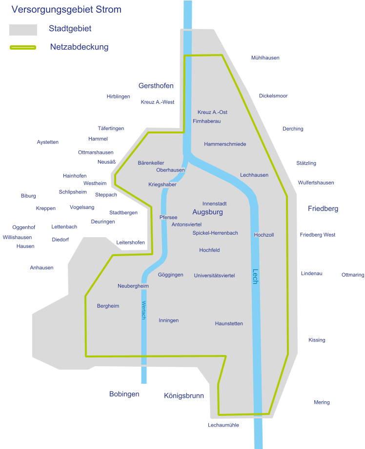 Karte des Stromversorgungsgebiets der swa Netze GmbH in Augsburg und Umgebung. Das Stadtgebiet Augsburg ist in Grau dargestellt, durchzogen vom Fluss Lech in Blau. Das Stromversorgungsgebiet ist mit einer grünen Linie markiert und umfasst große Teile des Stadtgebiets sowie angrenzende Bereiche. Innerhalb des Stadtgebiets sind Stadtteile wie Innenstadt, Göggingen, Haunstetten, Lechhausen und Oberhausen beschriftet. Außerhalb liegen Orte wie Gersthofen, Friedberg, Bobingen und Königsbrunn. Die Karte zeigt die Ausdehnung des Stromnetzes im Raum Augsburg.