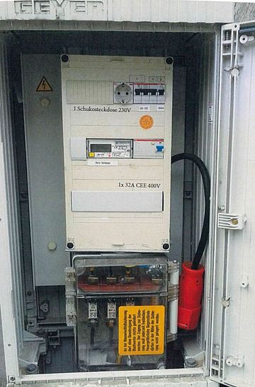 Geöffneter Baustrom- bzw. Netzanschlussschrank mit integrierter Stromverteilung. Im oberen Bereich befinden sich eine 230-Volt-Schutzkontaktsteckdose, mehrere Sicherungsautomaten, ein Stromzähler sowie ein Fehlerstrom-Schutzschalter. Beschriftungen weisen auf „1 Schukosteckdose 230V“ und „1 × 32A CEE 400V“ hin. Rechts hängt ein roter CEE-400-Volt-Stecker. Im unteren Bereich ist ein transparenter Sicherungskasten mit Warnhinweis und elektrischen Komponenten sichtbar. Die Aufnahme zeigt die technische Ausstattung eines temporären oder mobilen Stromanschlusses im Außenbereich.