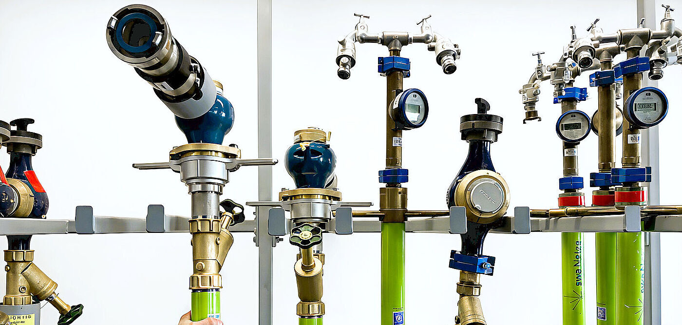 Mehrere senkrechte, grün markierte Standrohre mit unterschiedlichen Armaturen, Messgeräten und Ventilen sind in einer Halterung montiert. Eine Person greift von unten an eines der Rohre.