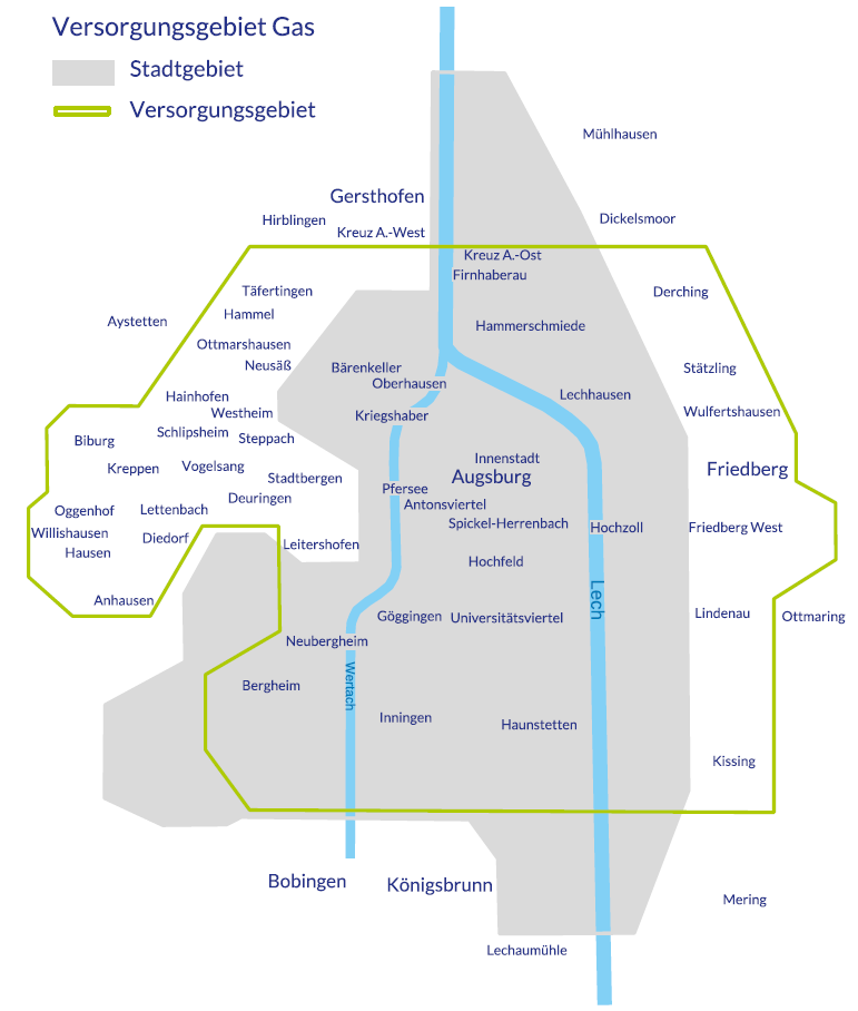 Karte des Gasversorgungsgebiets der swa Netze GmbH in und um Augsburg. Das Stadtgebiet Augsburg ist in Grau dargestellt, durchzogen vom Fluss Lech in Blau. Das Versorgungsgebiet für Gas ist mit einer grünen Linie umrandet und umfasst neben Augsburg auch umliegende Orte wie Gersthofen, Friedberg, Bobingen und Königsbrunn. Innerhalb des Stadtgebiets sind Stadtteile wie Innenstadt, Göggingen, Haunstetten, Lechhausen und Oberhausen beschriftet. Außerhalb liegen Orte wie Mühlhausen, Derching, Hammel, Biburg und Anhausen. Die Karte dient zur Orientierung über die Gasversorgung im Raum Augsburg.