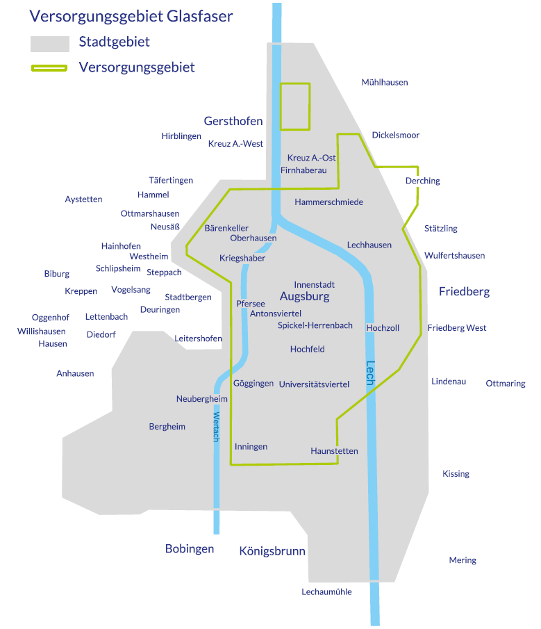 Karte des Glasfaser-Versorgungsgebiets der swa Netze GmbH in Augsburg und Umgebung. Das Stadtgebiet Augsburg ist in Grau dargestellt, durchzogen vom Fluss Lech in Blau. Das Glasfaser-Versorgungsgebiet ist mit einer grünen Linie markiert und umfasst Teile von Augsburg sowie angrenzende Bereiche. Innerhalb des Stadtgebiets sind Stadtteile wie Innenstadt, Göggingen, Haunstetten, Lechhausen und Oberhausen beschriftet. Außerhalb liegen Orte wie Gersthofen, Derching und Friedberg. Die Karte zeigt die Ausbauregionen für Glasfaseranschlüsse.