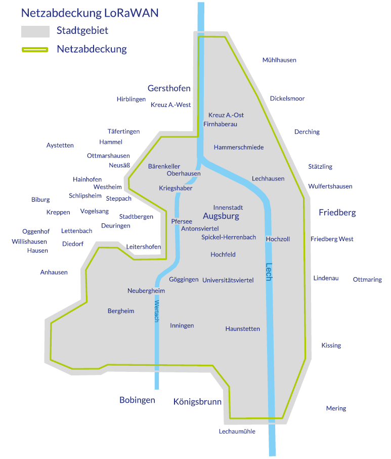 Karte der LoRaWAN-Netzabdeckung der swa Netze GmbH in Augsburg und Umgebung. Das Stadtgebiet Augsburg ist in Grau dargestellt, durchzogen vom Fluss Lech in Blau. Die Netzabdeckung für LoRaWAN ist mit einer grünen Linie markiert und umfasst große Teile des Stadtgebiets sowie angrenzende Bereiche. Innerhalb des Stadtgebiets sind Stadtteile wie Innenstadt, Göggingen, Haunstetten, Lechhausen und Oberhausen beschriftet. Außerhalb liegen Orte wie Gersthofen, Friedberg, Bobingen und Königsbrunn. Die Karte zeigt die Reichweite des LoRaWAN-Netzes für IoT-Anwendungen.