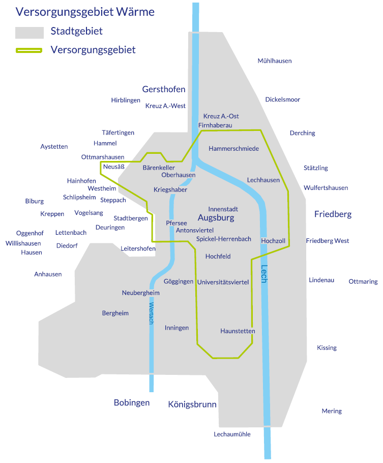 Karte des Wärmeversorgungsgebiets der swa Netze GmbH in Augsburg und Umgebung. Das Stadtgebiet Augsburg ist in Grau dargestellt, durchzogen vom Fluss Lech in Blau. Das Wärmeversorgungsgebiet ist mit einer grünen Linie markiert und umfasst zentrale Stadtteile wie Innenstadt, Göggingen, Haunstetten, Lechhausen, Oberhausen und Hochzoll. Die Karte zeigt die Ausdehnung des Wärmenetzes im Raum Augsburg.