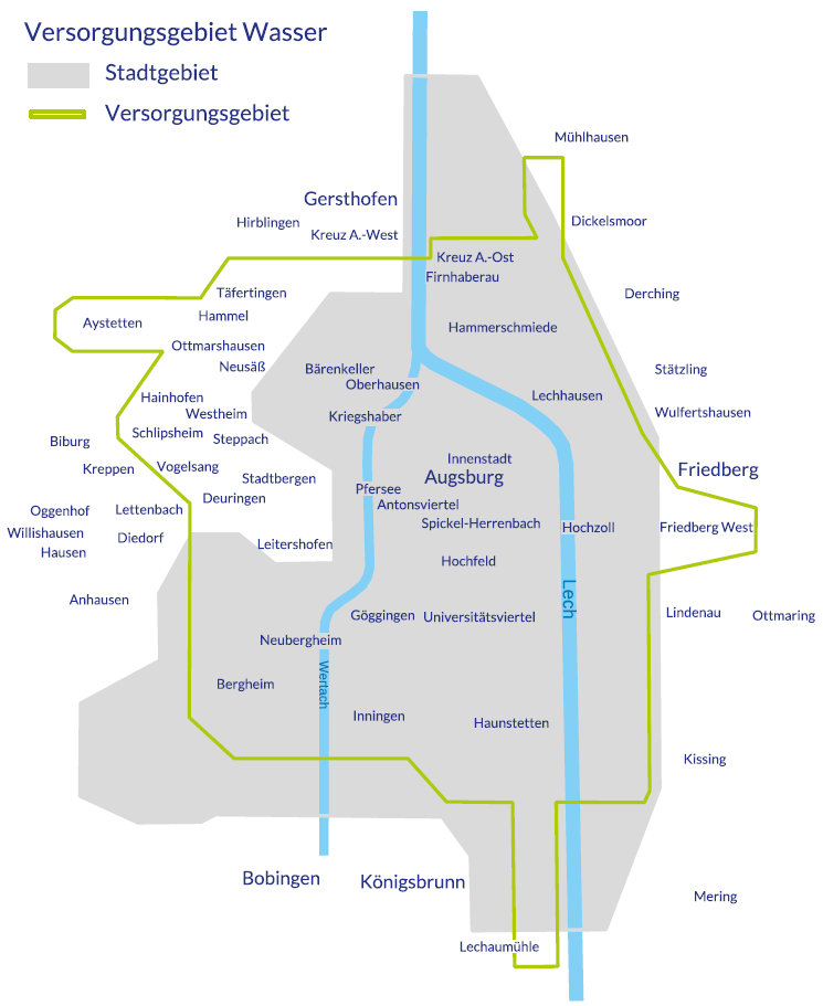 Karte des Wasserversorgungsgebiets der swa Netze GmbH in Augsburg und Umgebung. Das Stadtgebiet Augsburg ist in Grau dargestellt, durchzogen vom Fluss Lech in Blau. Das Wasserversorgungsgebiet ist mit einer grünen Linie markiert und umfasst große Teile des Stadtgebiets sowie angrenzende Bereiche. Innerhalb des Stadtgebiets sind Stadtteile wie Innenstadt, Göggingen, Haunstetten, Lechhausen und Oberhausen beschriftet. Außerhalb liegen Orte wie Gersthofen, Friedberg, Bobingen und Königsbrunn. Die Karte zeigt die Ausdehnung des Wassernetzes im Raum Augsburg.